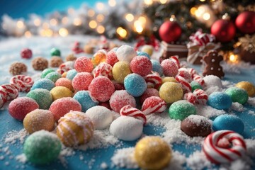 Christmas Candy Rain - Festive Snowy Winter Clouds Sky Deluge, AI Generated