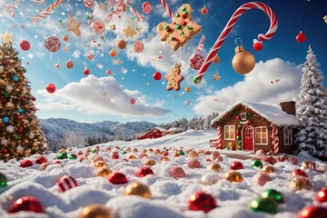 Christmas Candy Rain - Festive Snowy Winter Clouds Sky Deluge, AI Generated - obrazy, fototapety, plakaty