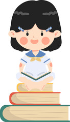Kid girl sitting Stack of books 