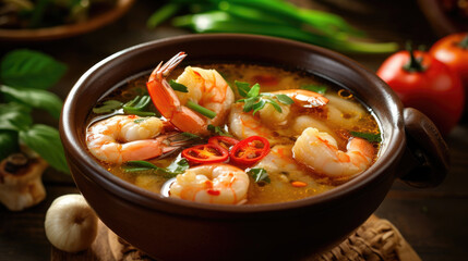 Tom yum goong, Foods Thailand, High-quality images, generative AI. This best food Thai masterpiece teems with shrimp, mushrooms, tomatoes, lemongrass, galangal and kaffir lime leaves