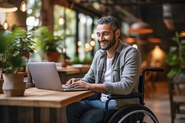 Positive mature freelancer man with disability working at laptop in coffee shop, sitting at table, co-working space, using wheelchair, typing on computer, smiling, laughing - obrazy, fototapety, plakaty