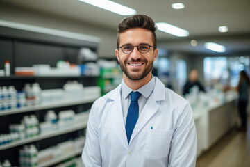 Happy young handsome pharmacist man wearing white uniform coat and glasses standing in pharmacy shop, looking at camera, smiling. Pharmaceutical professional portrait