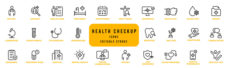 Health checkup line icon set. Medical care patient diagnosis icon collection. Editable stroke