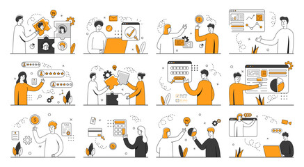 Business different illustration mega set. Collection work with men and women. Business people in different scenes. Trendy vector style