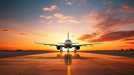 Gordijnen airplane landing at sunset © The Stock Photo Girl