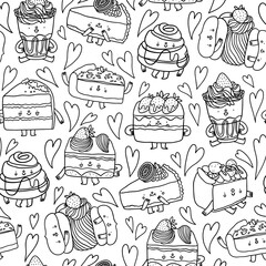 Cute cartoon dessert characters in black and white outline, vector pattern