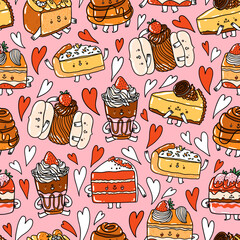 Cute cartoon dessert characters, vector pattern on pink background - 658225617