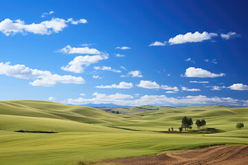 Fototapeta premium Tuscany landscape with green fields and blue sky.