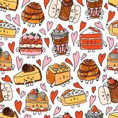 Cute cartoon dessert characters, vector pattern - 658225642