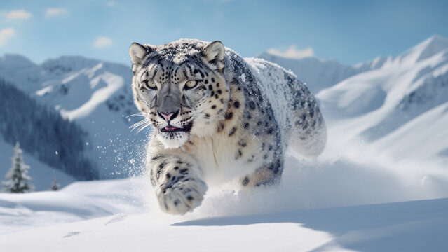Dynamic view of a snow leopard running towards its prey in the snow.