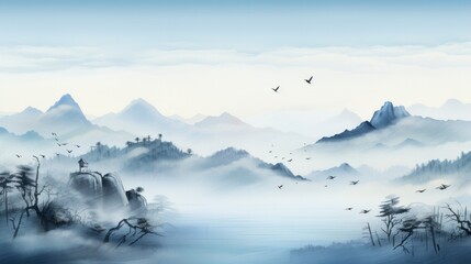 Landscape of serene blue mountains with rolling contours and a flock of birds soaring in the sky, captured in the traditional style of oriental ink painting known as sumi-e, u-sin, or go-hua.