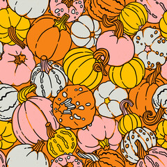 Pumpkin feast garden, autumn vector pattern - 658226225