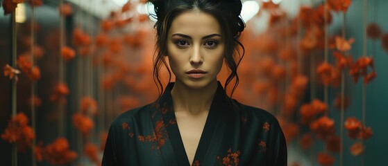 wide shot of a geisha in feudal tokyo, cinematic sequence, minimalist, generative AI