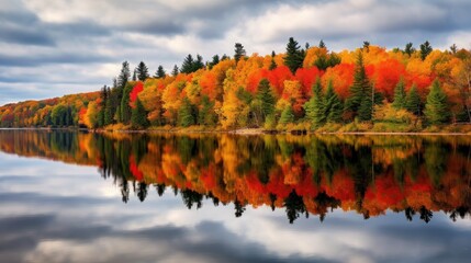 Autumn foliage mirrored in the calm surface of Canisbay Lake, within Algonquin Provincial Park, Ontario, Canada. - obrazy, fototapety, plakaty