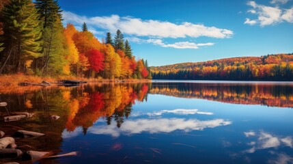 Autumn foliage mirrored in the calm surface of Canisbay Lake, within Algonquin Provincial Park, Ontario, Canada.