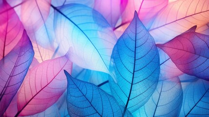 Intricately detailed macro shot captures the essence of leaves in stunning blue, turquoise, and pink hues. These delicate, transparent skeleton leaves create a captivating and expressive image