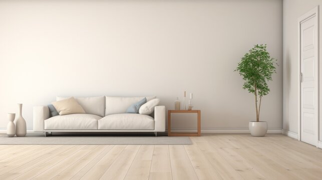 A Large, Unoccupied, Newly Renovated Living Room With Freshly Painted White Walls, Laminate Flooring, And A White Door.