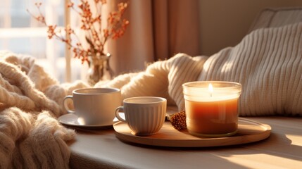 Autumn or winter coziness in the living room. A tray with steaming tea and neatly folded sweaters...