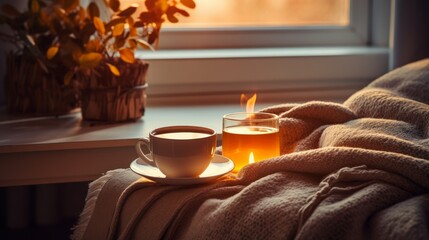Autumn or winter coziness in the living room. A tray with steaming tea and neatly folded sweaters on a coffee table, bathed in the warm morning sunlight. Creating a snug and inviting atmosphere