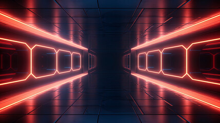 Empty light tunnel, high-tech corridor, movement of light rays, neon light. Generation AI
