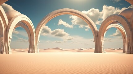Surreal desert landscape with arch, minimalism. Generation AI - obrazy, fototapety, plakaty