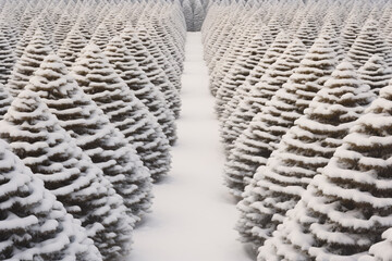 Christmas pine tree farm blanketed in white snow amidst lush fir trees in winter season. Snowy landscape of green pine tree farm field. Xmas tree forest. Winter holiday background.