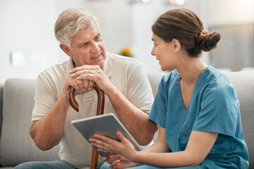 Woman, nurse and tablet in elderly care, consultation or visit in retirement home for healthcare advice. Female person or medical caregiver talking to retired man or patient with technology on sofa