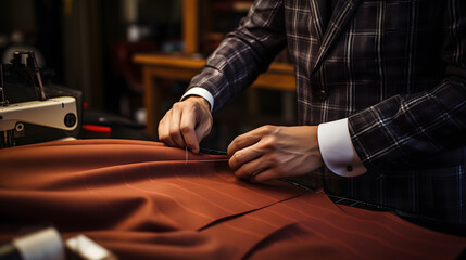 Showcase the hands of a skilled tailor expertly measuring, cutting, and sewing fabric to craft custom clothing. Highlight the attention to detail and craftsmanship in the world of fashion.