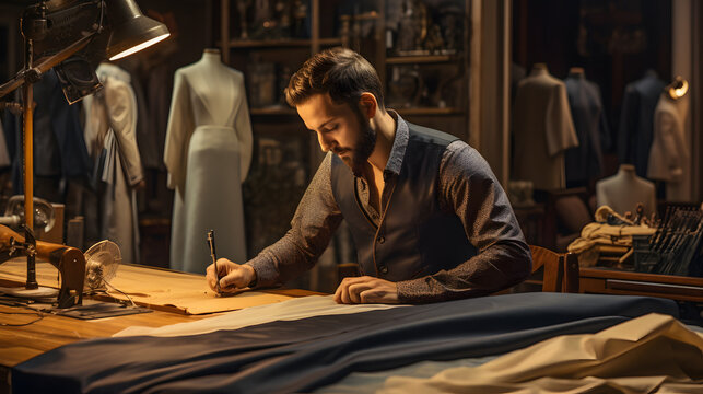 Showcase the hands of a skilled tailor expertly measuring, cutting, and sewing fabric to craft custom clothing. Highlight the attention to detail and craftsmanship in the world of fashion.