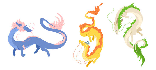 Symbol Year of dragon. Flying dragon. Set for Chinese New Year 2024 isolated on white background. Use for asian holidays Tet, Seollal. Traditional sign or mascot of lunar calendar in flat style.