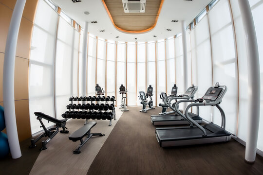 Modern gym interior background. Cycling and Cardio machine  Dumbbell weight training zone indoor gym for lifestyle and healthy concept.