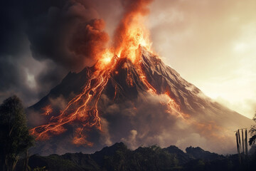 The volcano erupted emitting fire and lava