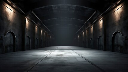 Obraz premium Empty dark underground tunnel, garage, corridor, warehouse with cement floor, asphalt, slab. LED lighting, neon lamps. Generation AI