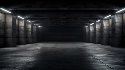 Foto op Canvas Empty dark underground tunnel, garage, corridor, warehouse with cement floor, asphalt, slab. LED lighting, neon lamps. Generation AI © MiaStendal