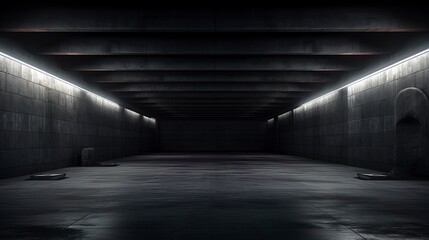 Empty dark underground tunnel, garage, corridor, warehouse with cement floor, asphalt, slab. LED lighting, neon lamps. Generation AI - obrazy, fototapety, plakaty