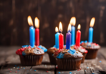 Obraz na płótnie Canvas birthday muffin with red and blue burning candles on a rustic wooden board against a dark brown background, copy space. Generative Ai