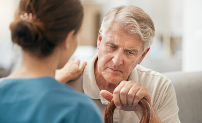 Sad news, senior man or nurse with results, medical test exam or cancer diagnosis in nursing home....