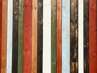 Colorful texture of painted in different bright colors wooden boards close up. Colorful surface of wooden wall from painted boards close-up.