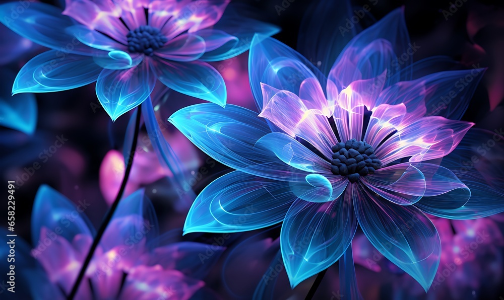 Wall mural purple and blue flowers neon hallucinatory style. Generative Ai - Wall murals