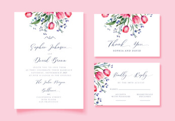 Watercolor Pink Wedding invitation with wild flowers, thank you and rsvp cards, vector template.