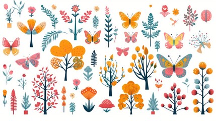 Graphic elements with trees, flowers, butterflies, bright colors