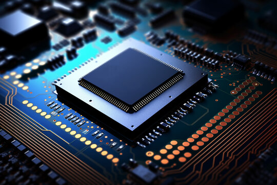 Electronic circuit board close up. Computer Microchips and Processors on Electronic circuit board. Abstract technology microelectronics concept background. AI generated
