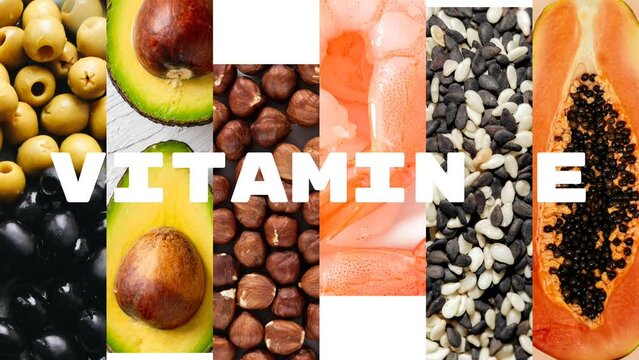 White inscription "VITAMIN E" appearing on a background of photos of most common food where you can find it