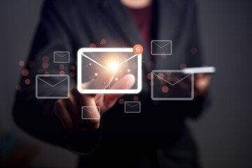 Email notification alert or Send Mail newsletter concept. Business man use smartphone checking digital letter inbox and touch email icon. Scheme of direct sales in target customers.