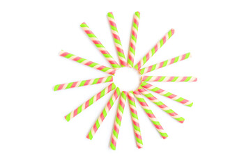 Obraz premium Colorful striped wafer stick rolls isolated on white background, Wafer stick rolls, Top view