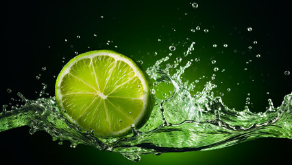 Several limes falling on water and splashing water droplets, commercial photo