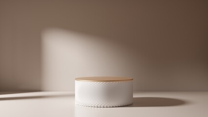 White empty podium or pedestal for product presentation, showcase of beauty and cosmetics product. Round mockup platform on beige background. 3d rendering