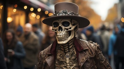 A mysterious man cloaked in a striking skeleton-patterned garment strides confidently through the streets, a hat atop his head and a masque concealing his face