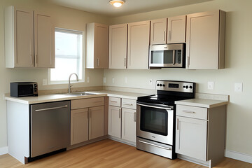 Builder Grade Kitchen with Oak Shaker Cabinets and White Appliances. Basic Kitchen in rental apartment.