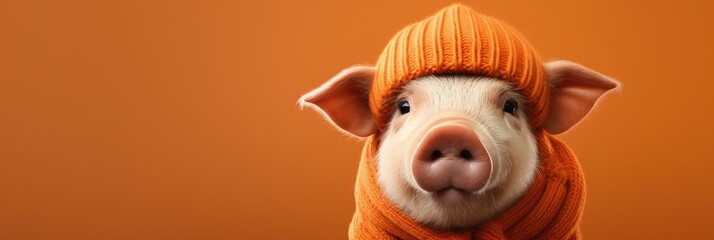 pink domestic pig wearing a cozy winter hat on a blank orange background with space for text